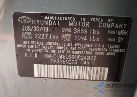 2009 Hyundai Elantra Se z USA, uszkodzony, nr VIN KMHDU46D99U824877